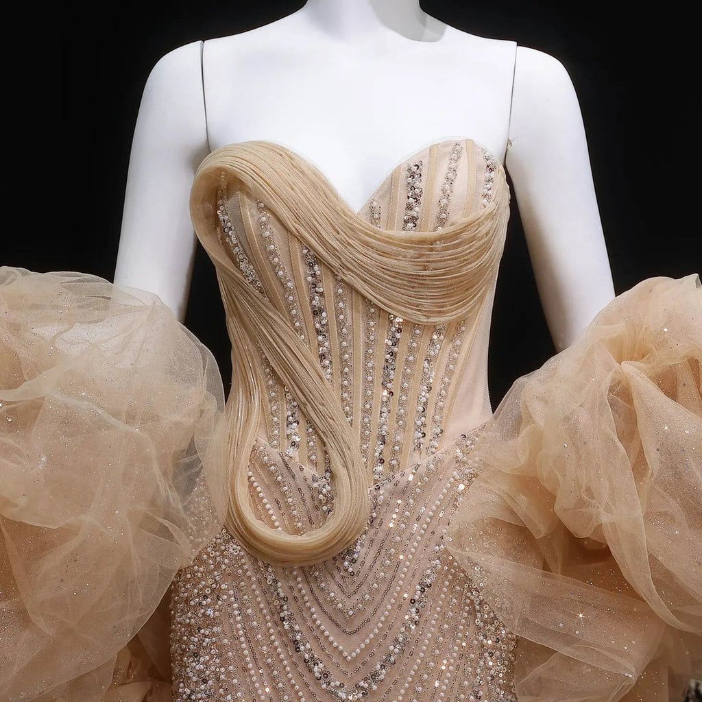 Designer Champagne Puff Sleeve Mermaid Dress
