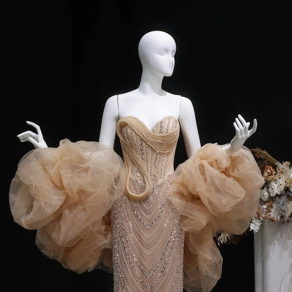 Designer Champagne Puff Sleeve Mermaid Dress