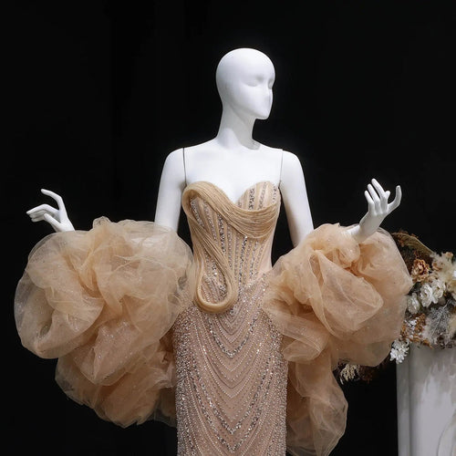 Designer Champagne Puff Sleeve Mermaid Dress