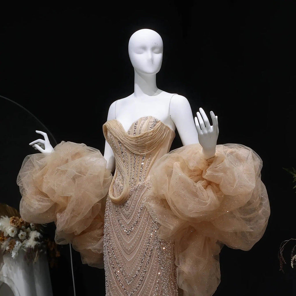 Designer Champagne Puff Sleeve Mermaid Dress