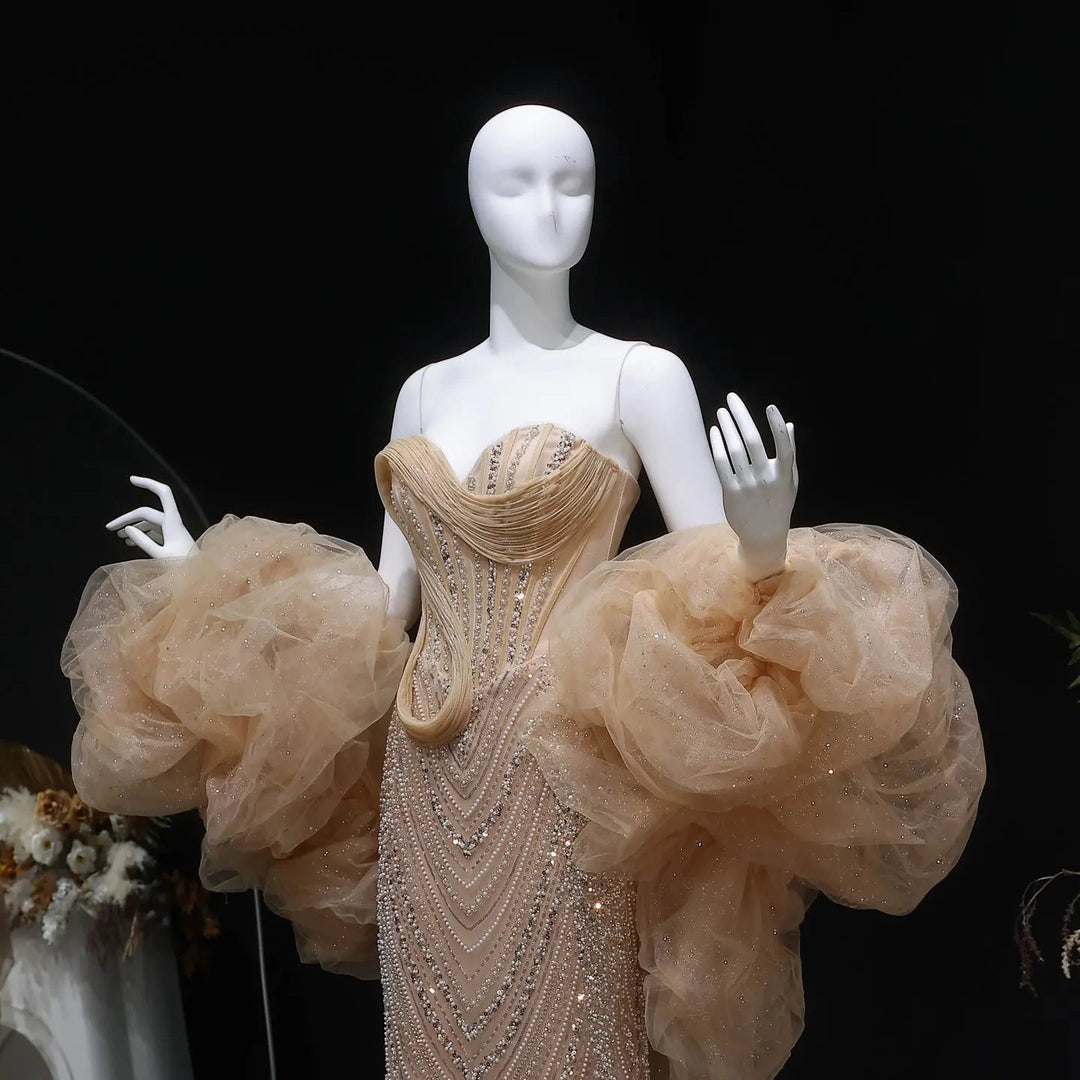 Designer Champagne Puff Sleeve Mermaid Dress