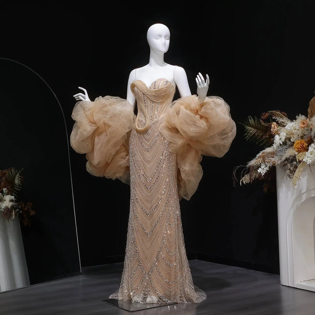 Designer Champagne Puff Sleeve Mermaid Dress
