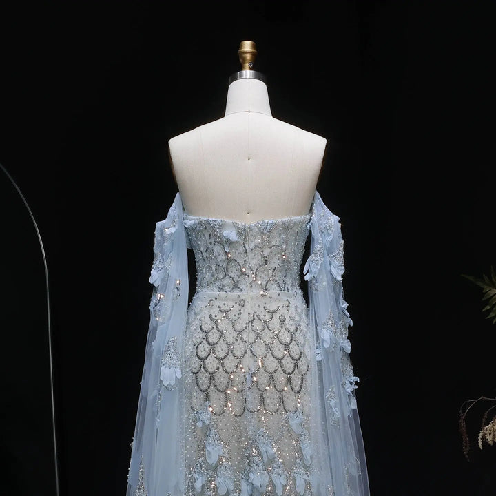 Luxury Blue Beaded Mermaid Evening Gown - back view