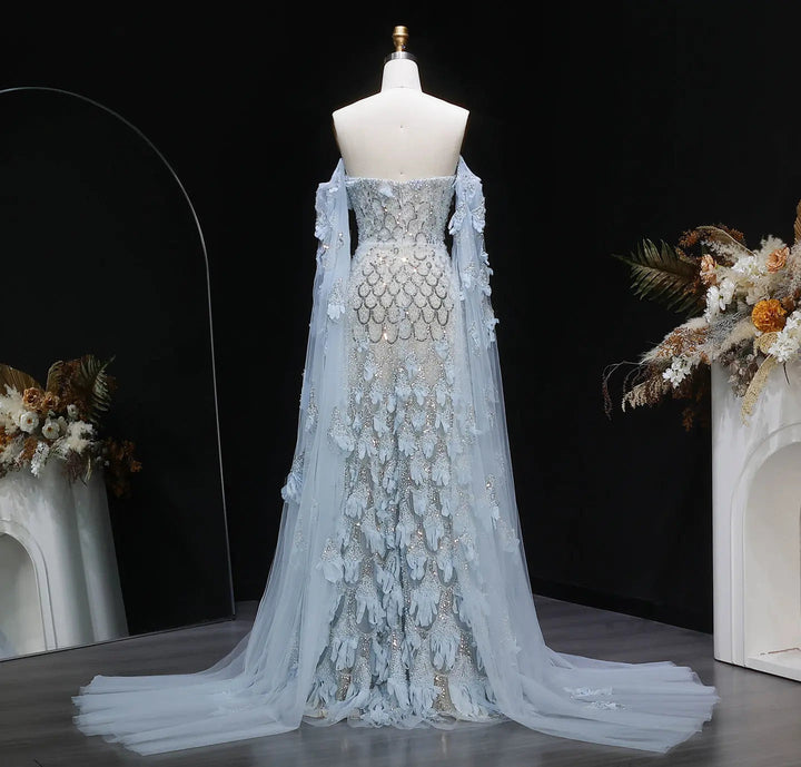 Luxury Blue Beaded Mermaid Evening Gown - beadwork close-up
