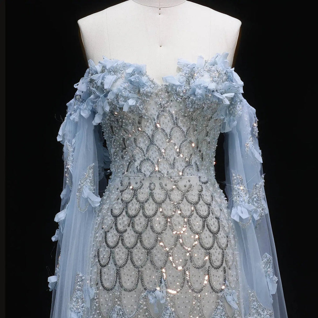 Luxury Blue Beaded Mermaid Evening Gown - bodice detail
