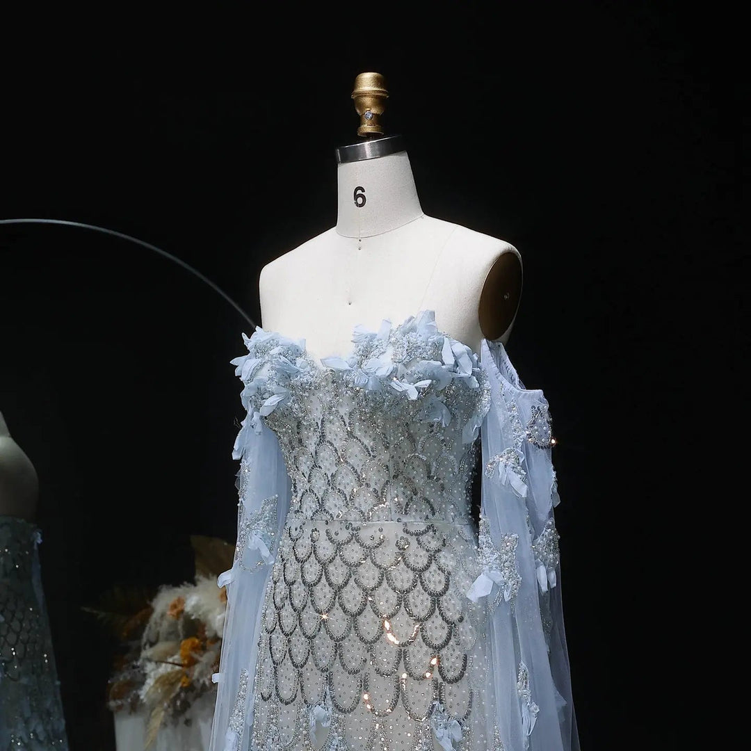 Luxury Blue Beaded Mermaid Evening Gown - front bodice close-up