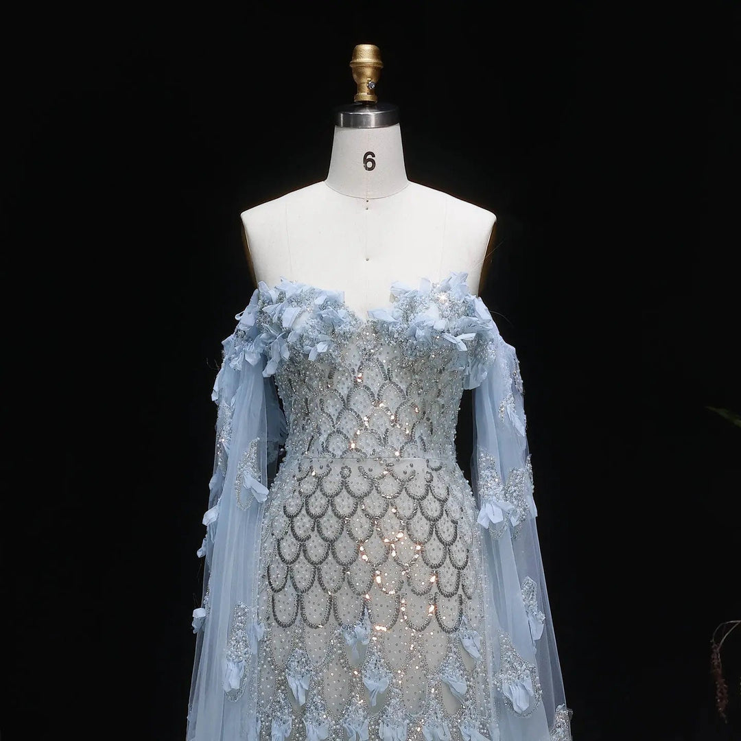 Luxury Blue Beaded Mermaid Evening Gown - side detail