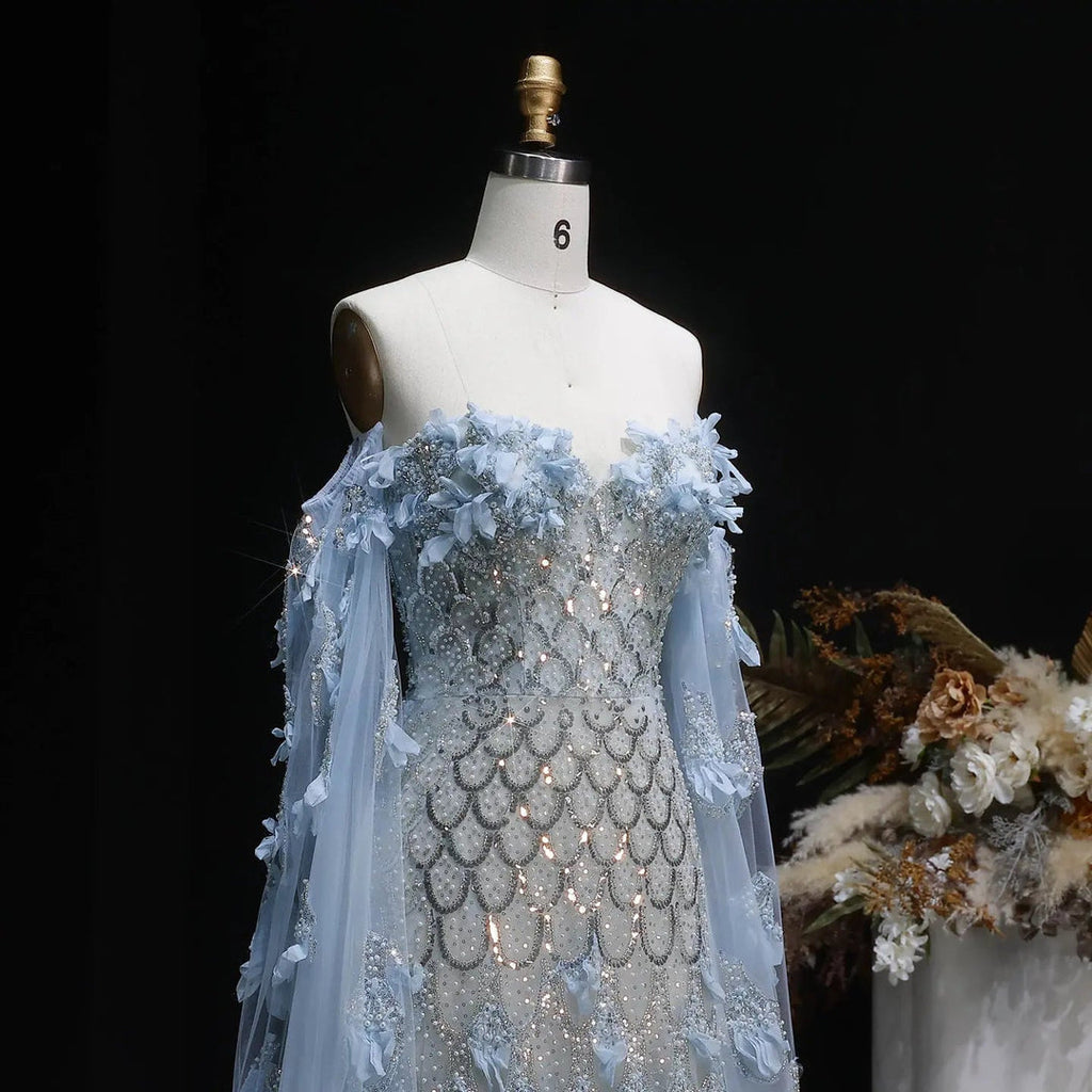 Luxury Blue Beaded Mermaid Evening Gown - full front view