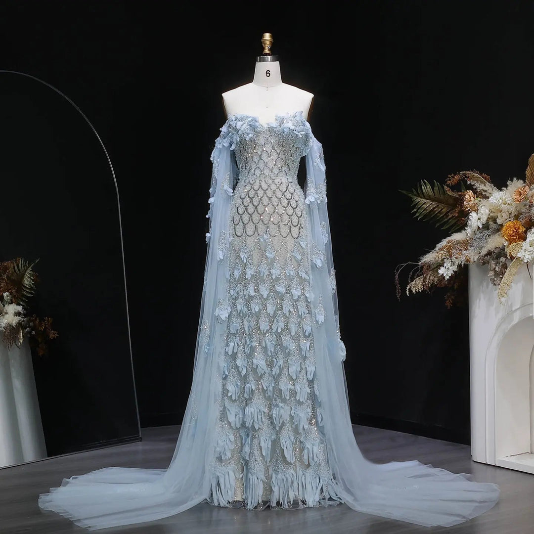 Luxury Blue Beaded Mermaid Evening Gown - full length front