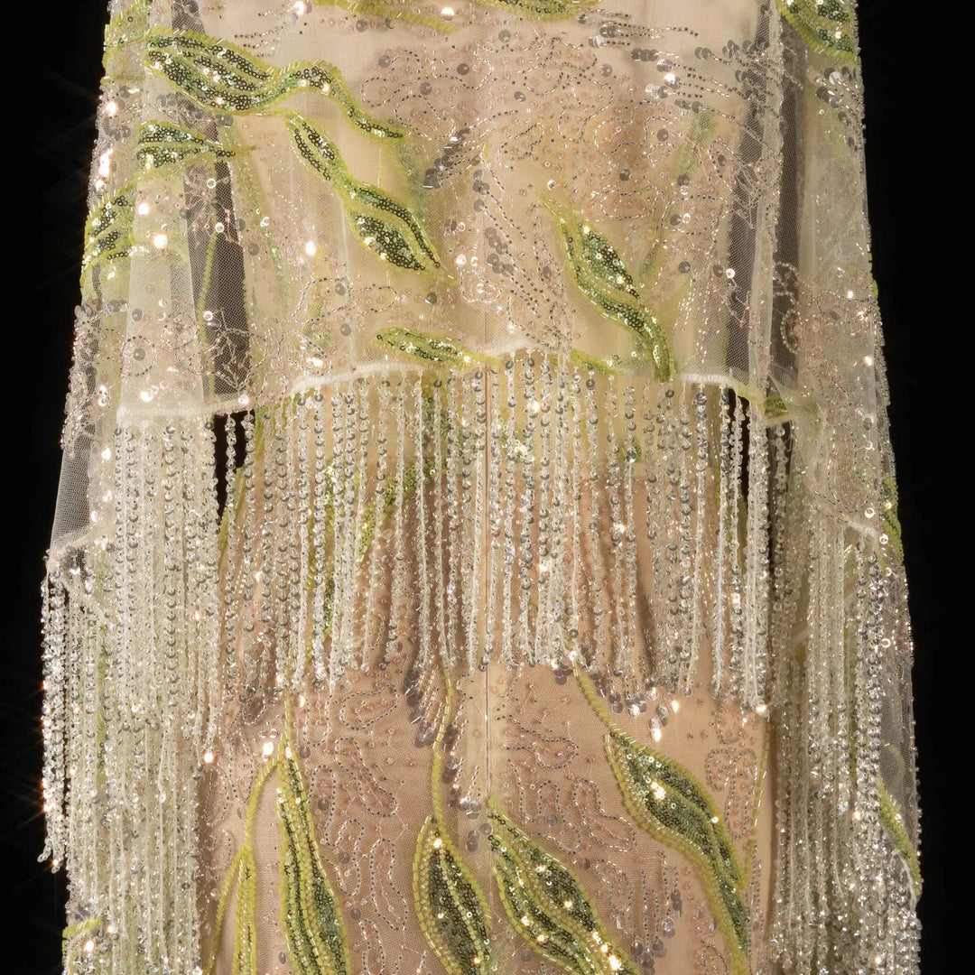 Floral Crystal Evening Dress with Shawl Slit