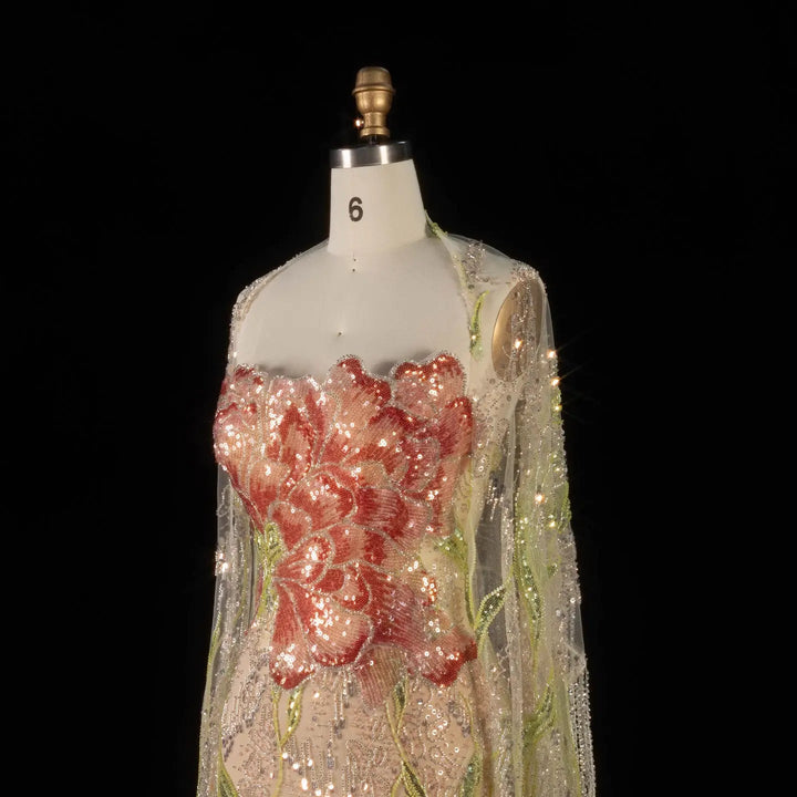 Floral Crystal Evening Dress with Shawl Slit