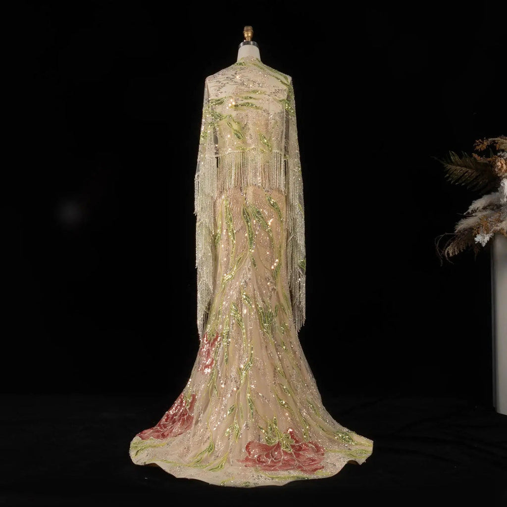 Floral Crystal Evening Dress with Shawl Slit