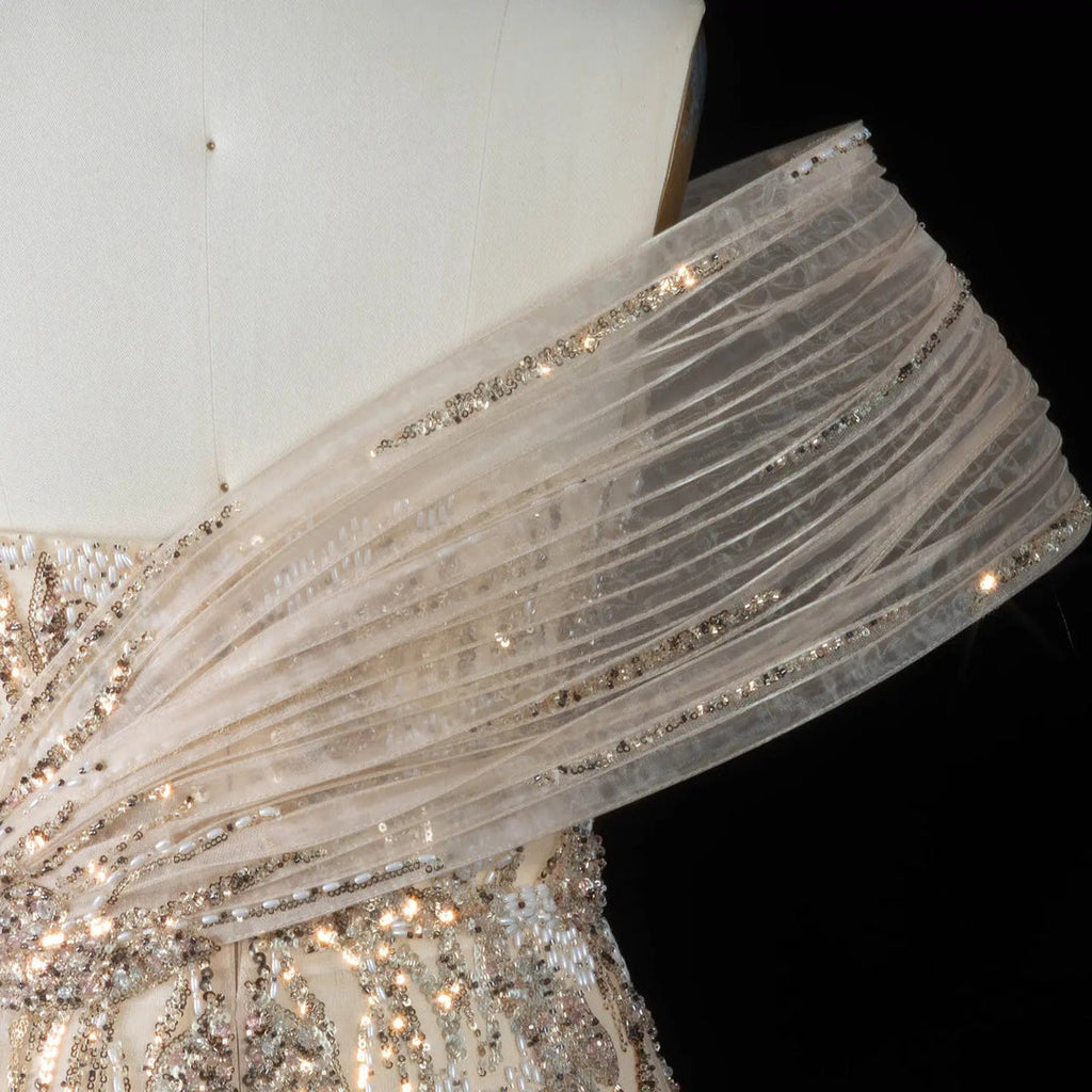 Glamorous One-Shoulder Beaded Evening Dress with Shawl