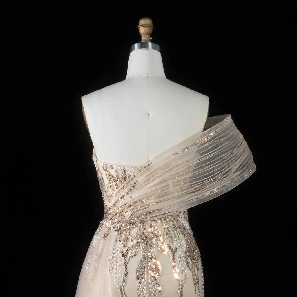 Glamorous One-Shoulder Beaded Evening Dress with Shawl