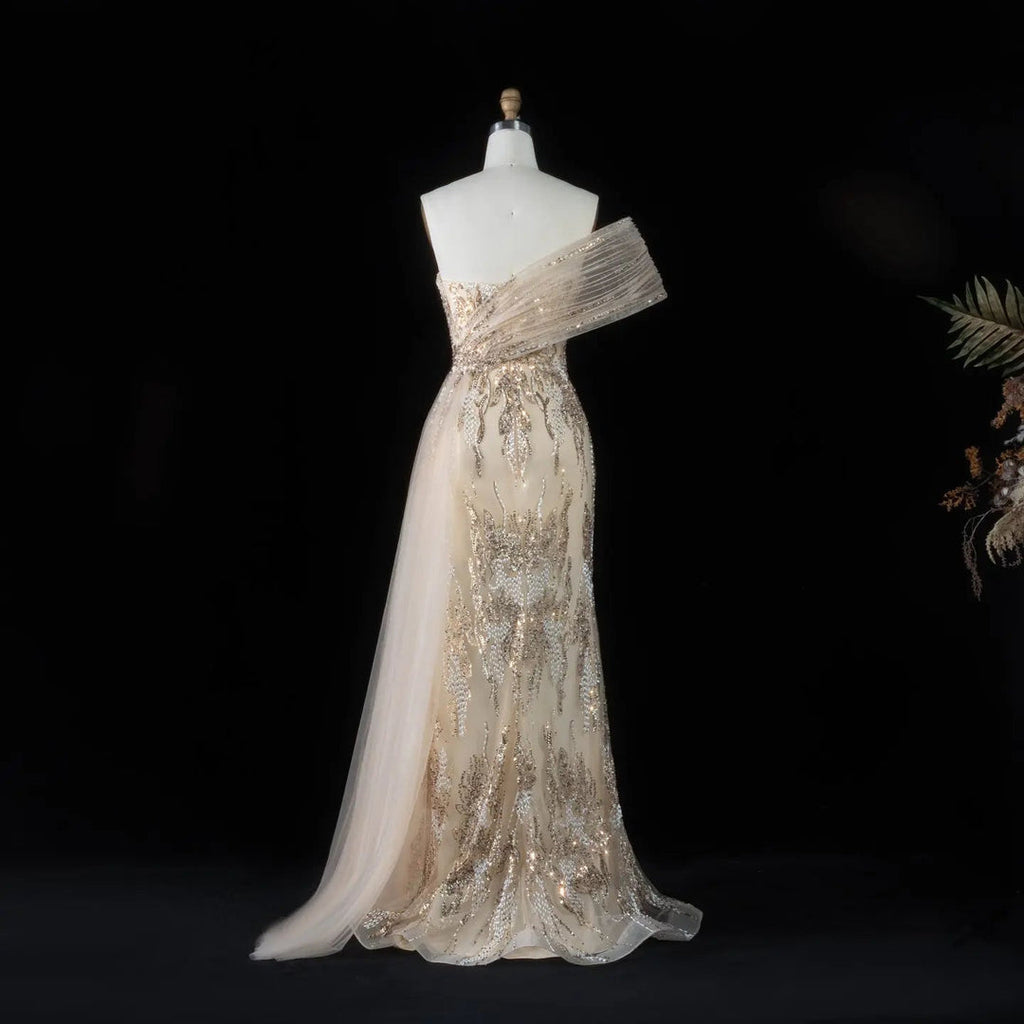 Glamorous One-Shoulder Beaded Evening Dress with Shawl