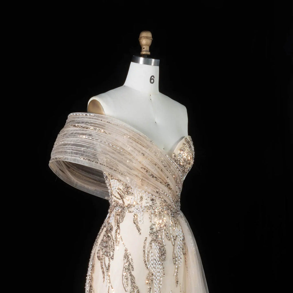 Glamorous One-Shoulder Beaded Evening Dress with Shawl