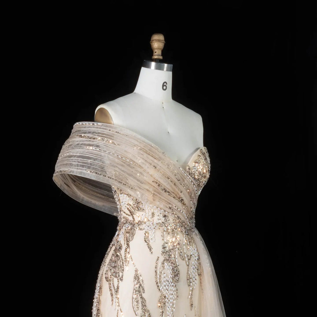 Glamorous One-Shoulder Beaded Evening Dress with Shawl