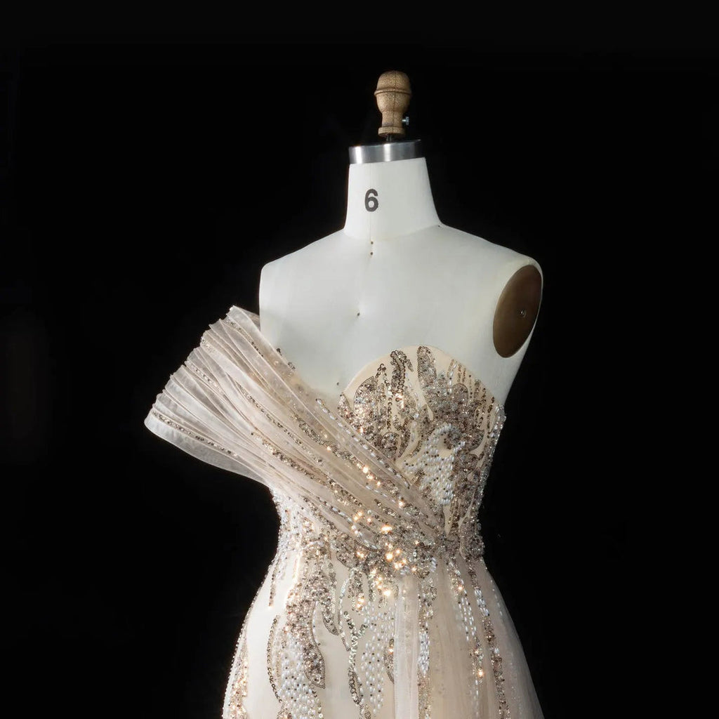 Glamorous One-Shoulder Beaded Evening Dress with Shawl