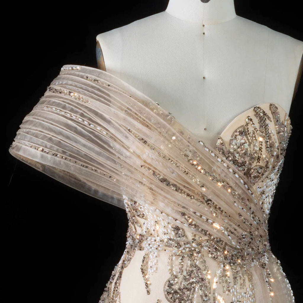 Glamorous One-Shoulder Beaded Evening Dress with Shawl