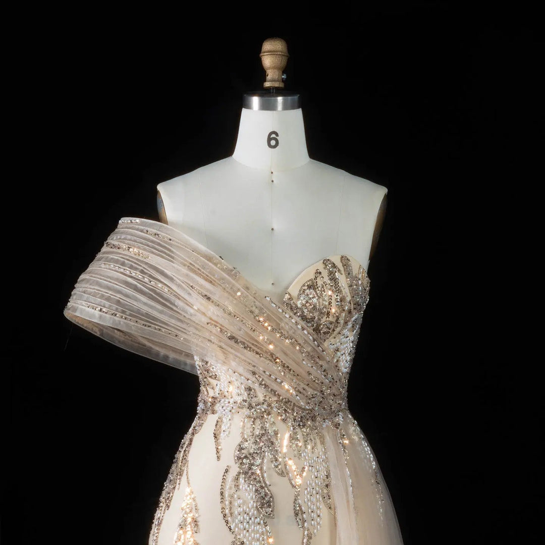 Glamorous One-Shoulder Beaded Evening Dress with Shawl
