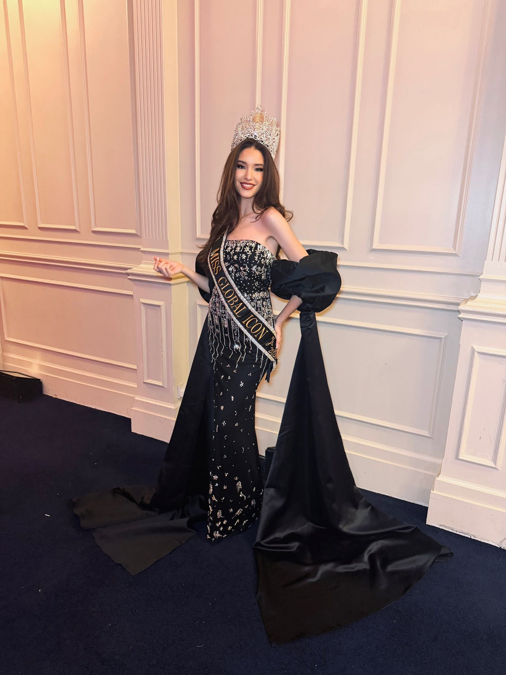 Black Crystal Tassel Strapless Gown with Satin Cape