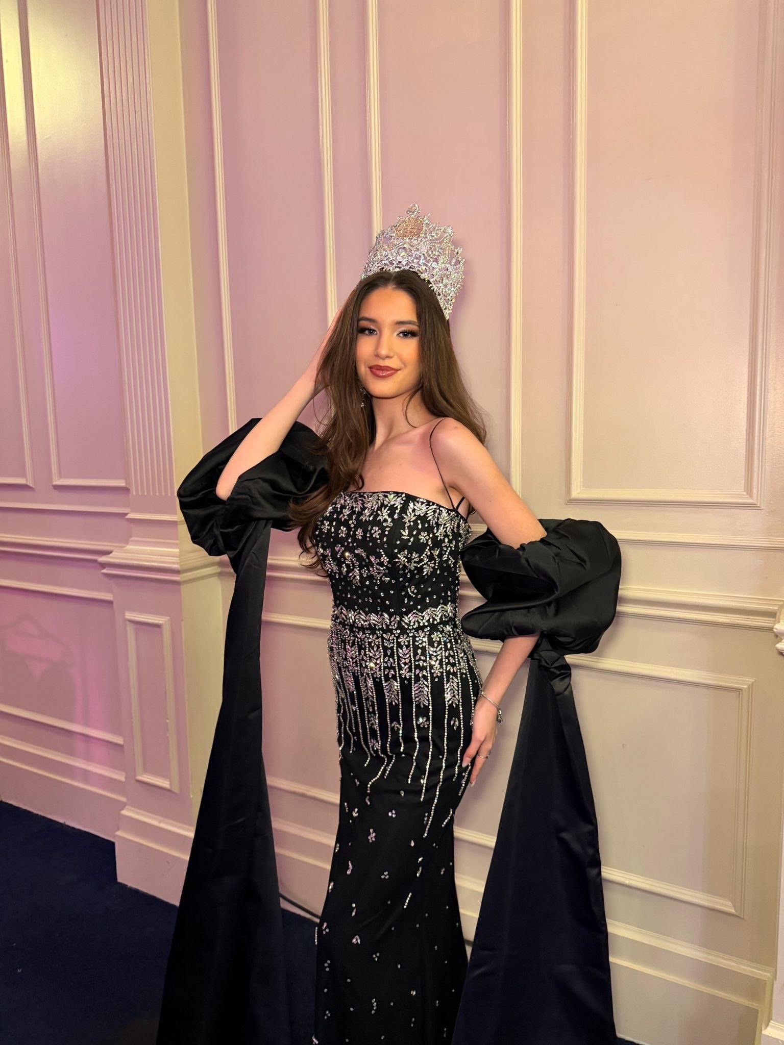 Black Crystal Tassel Strapless Gown with Satin Cape