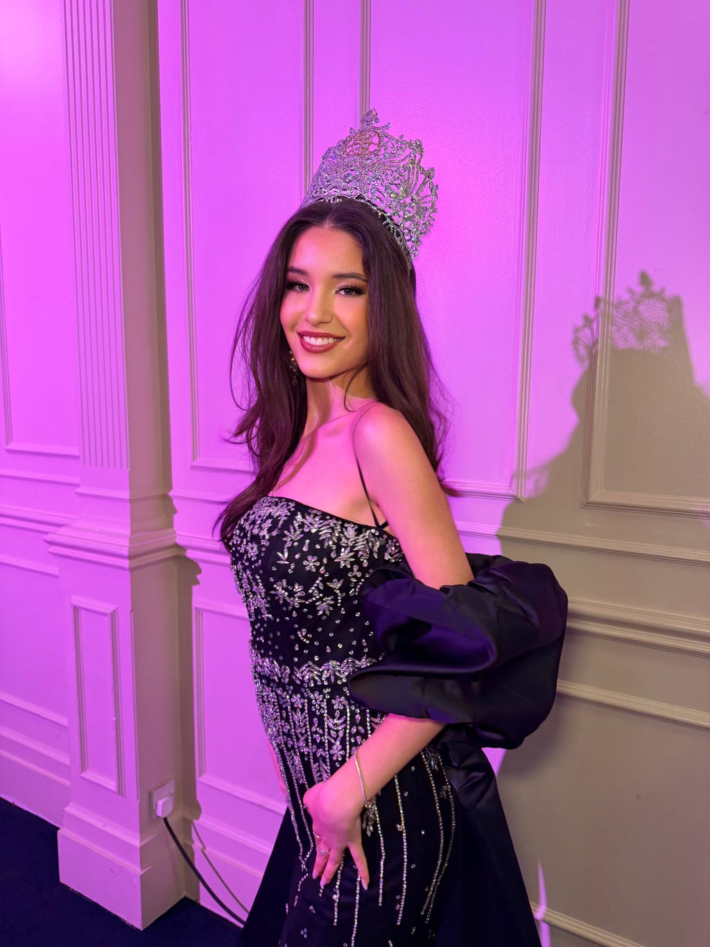 Black Crystal Tassel Strapless Gown with Satin Cape