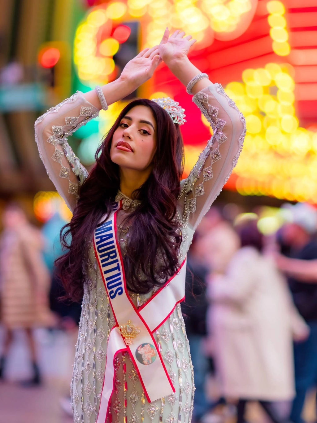 Silver Crystal Embellished Long Sleeve Sheer Gown