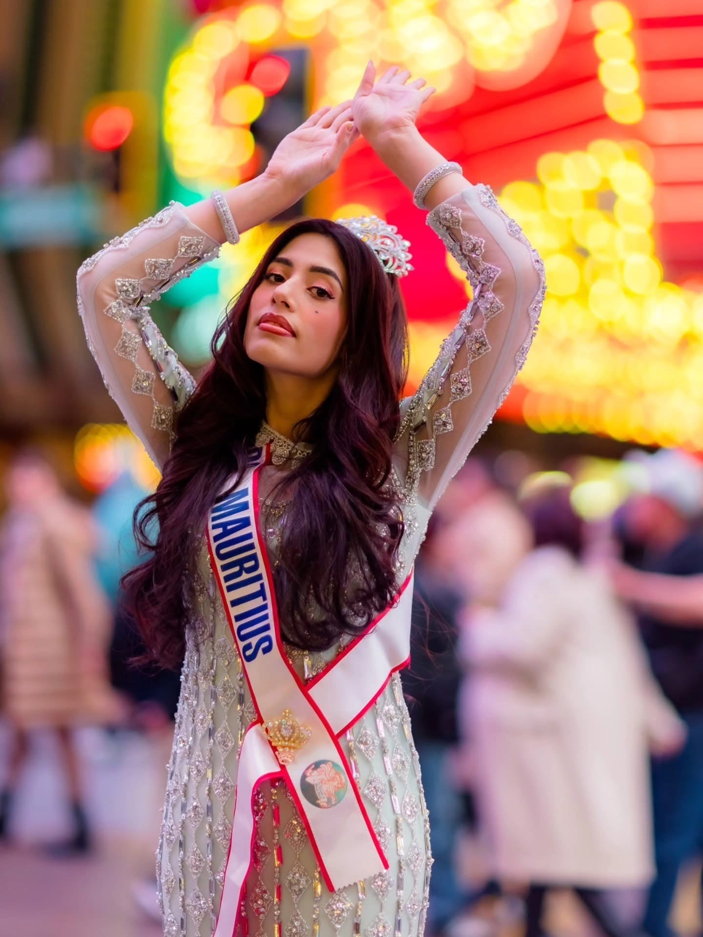 Silver Crystal Embellished Long Sleeve Sheer Gown