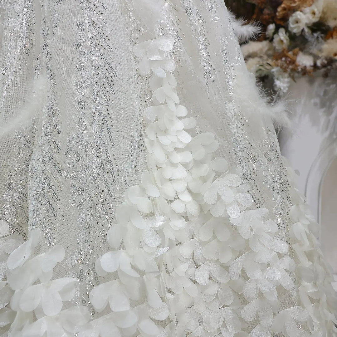 Elegant Beige Embellished Evening Gown with Petal Detailing SB011