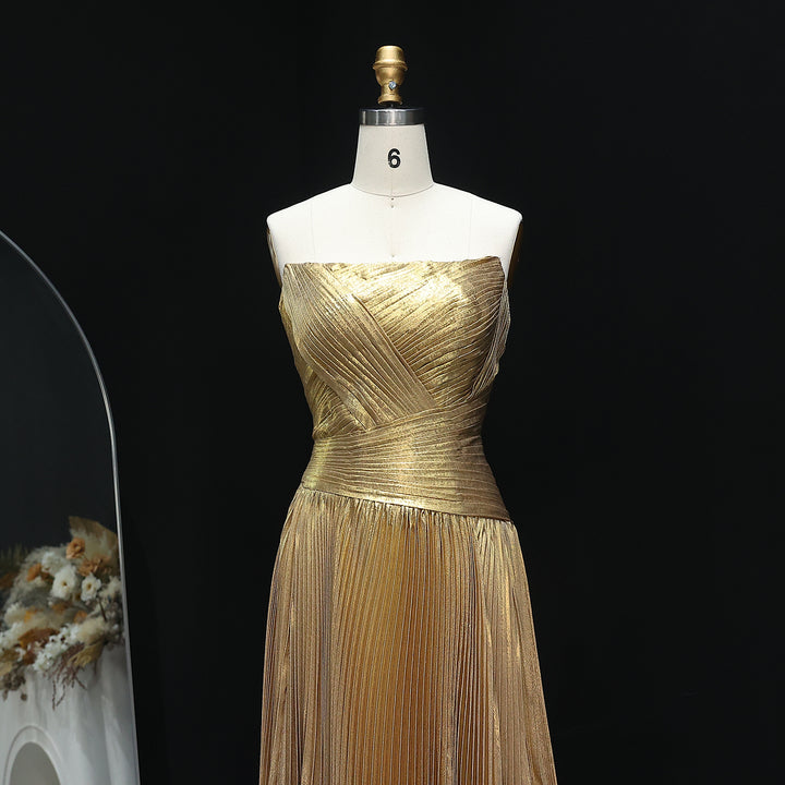 Gold Pleats Strapless Draped Evening Dress