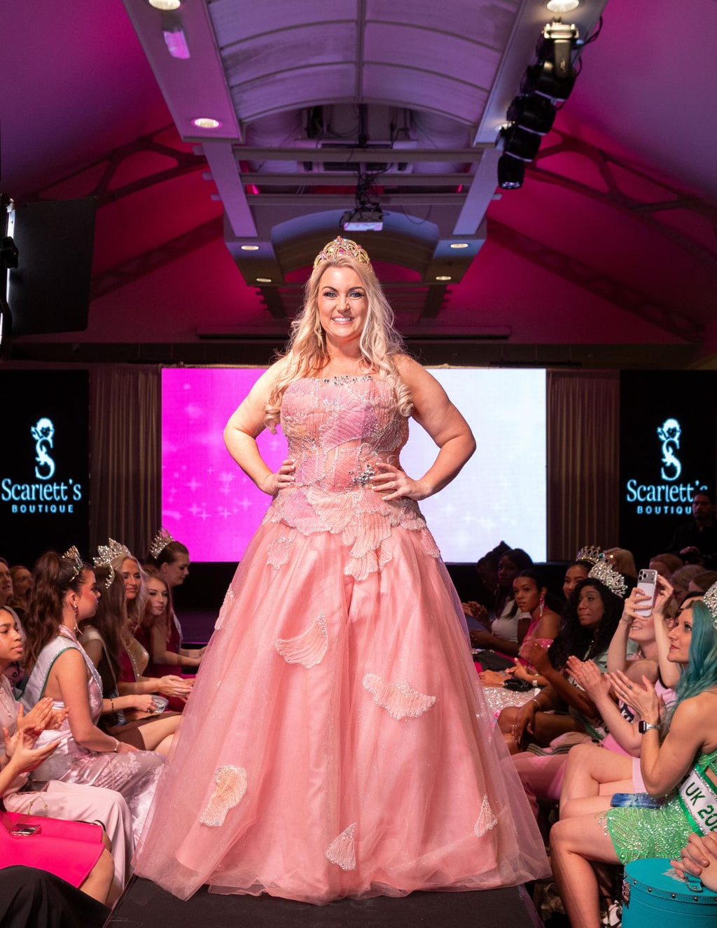 Pink Floral Appliqué Crystal Strapless Ballgown