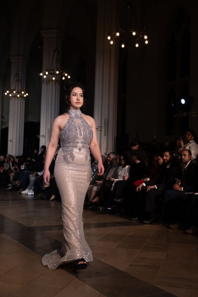 Luxury Silver Beaded Halter Evening Gown