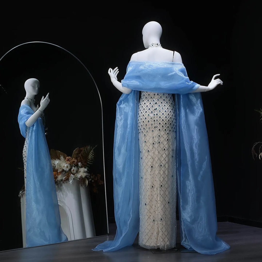 Luxury Crystal-Embellished Column Gown with Sheer Blue Cape and Choker Neckline SB002