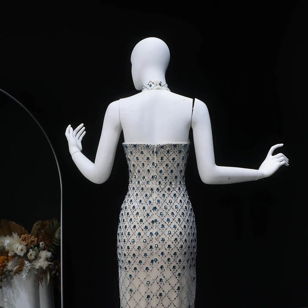 Luxury Crystal-Embellished Column Gown with Sheer Blue Cape and Choker Neckline SB002