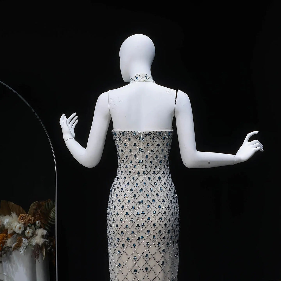 Luxury Crystal-Embellished Column Gown with Sheer Blue Cape and Choker Neckline SB002