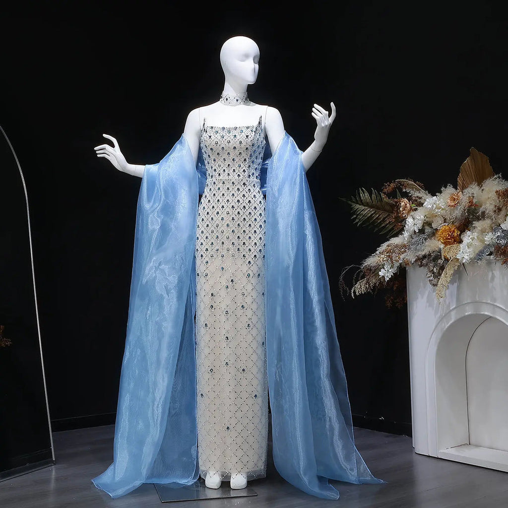Luxury Crystal-Embellished Column Gown with Sheer Blue Cape and Choker Neckline SB002
