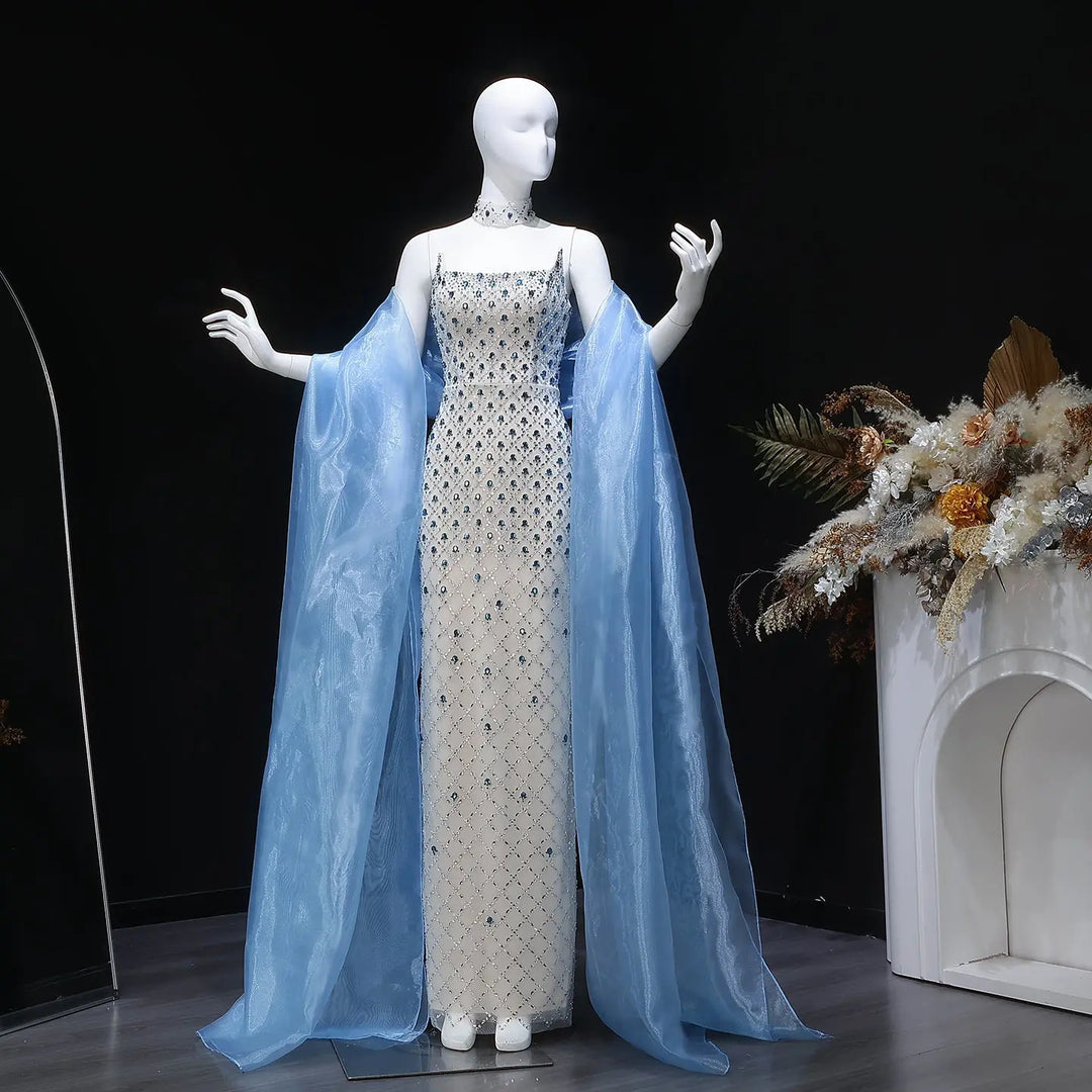 Luxury Crystal-Embellished Column Gown with Sheer Blue Cape and Choker Neckline SB002