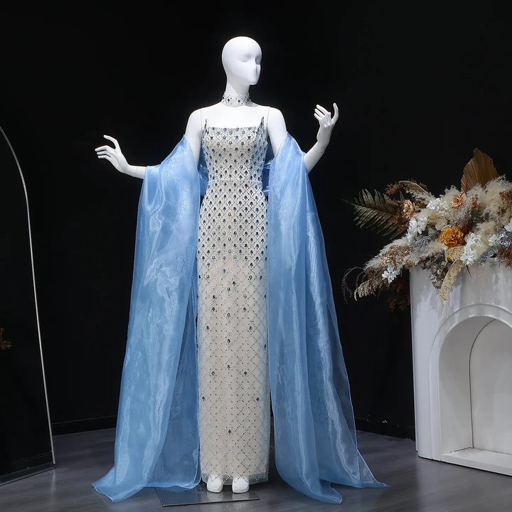 Luxury Crystal-Embellished Column Gown with Sheer Blue Cape and Choker Neckline SB002