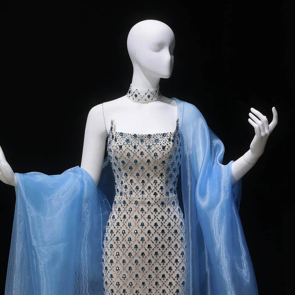 Luxury Crystal-Embellished Column Gown with Sheer Blue Cape and Choker Neckline SB002