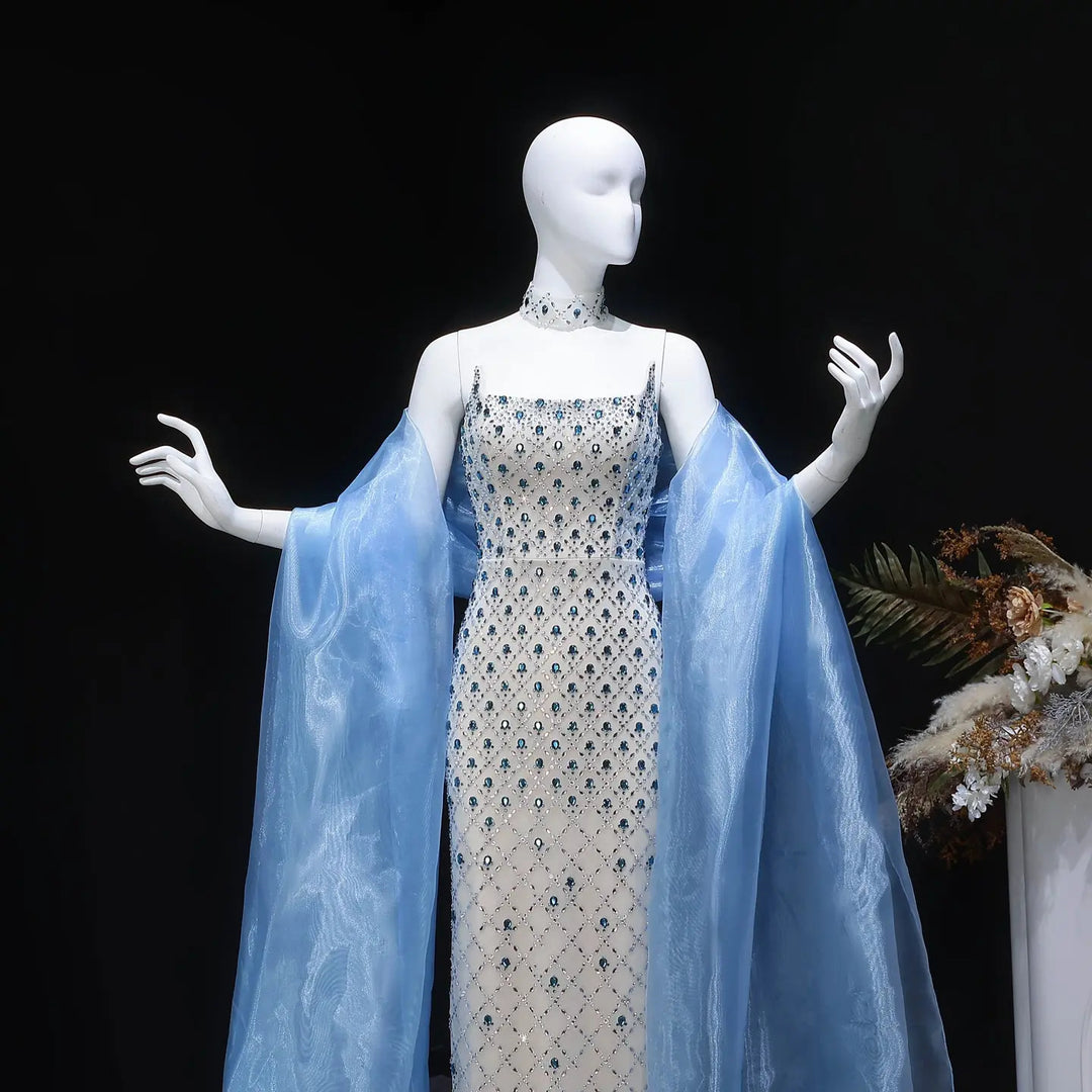 Luxury Crystal-Embellished Column Gown with Sheer Blue Cape and Choker Neckline SB002
