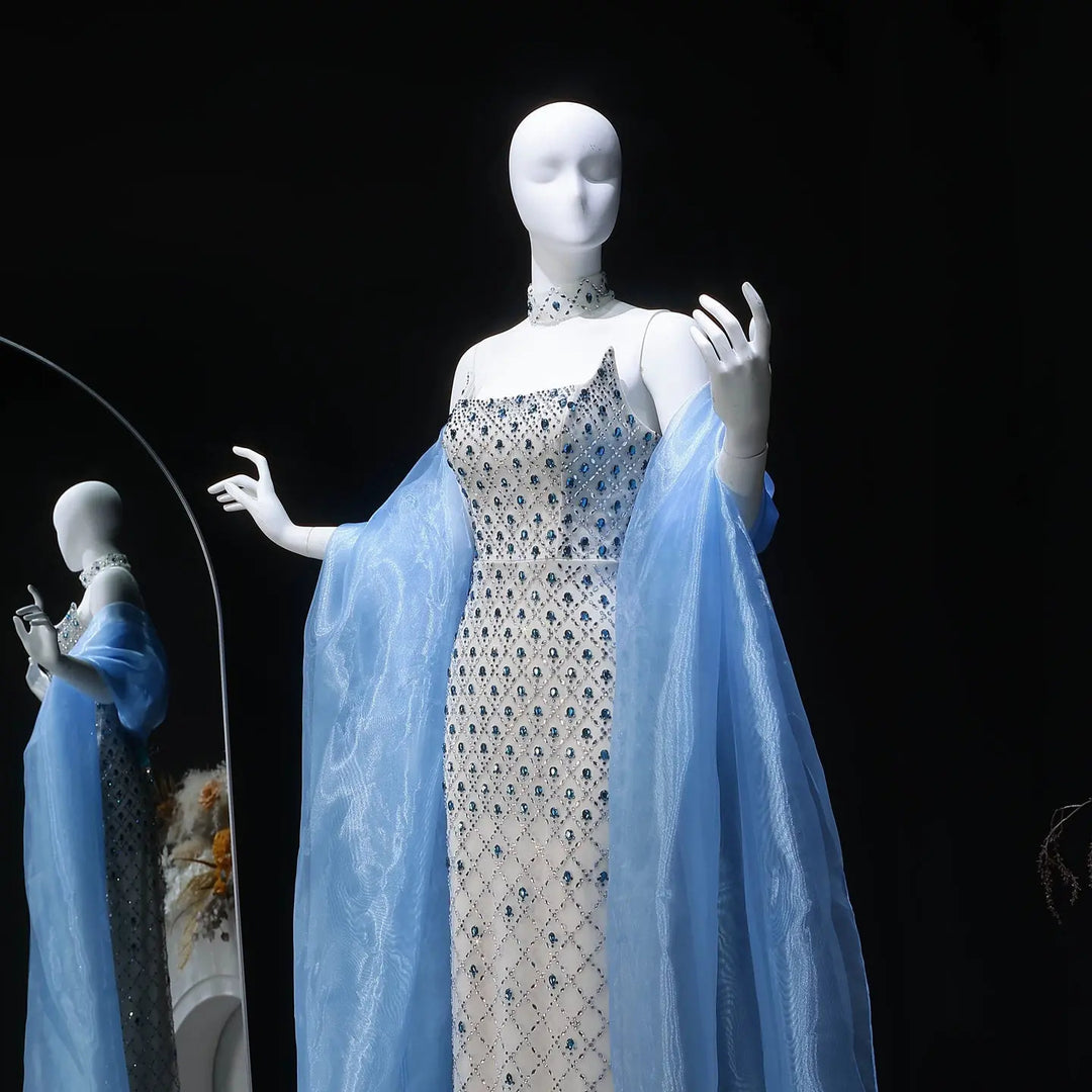 Luxury Crystal-Embellished Column Gown with Sheer Blue Cape and Choker Neckline SB002