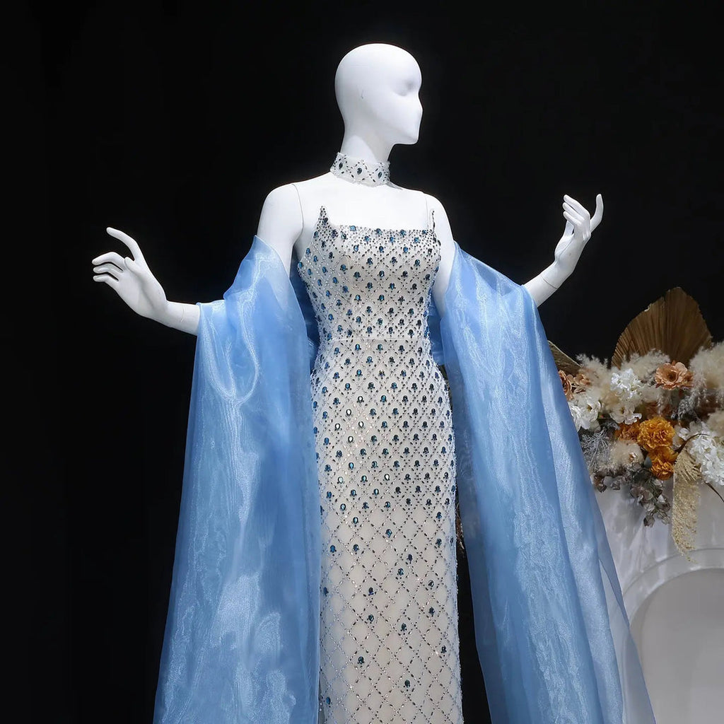 Luxury Crystal-Embellished Column Gown with Sheer Blue Cape and Choker Neckline SB002