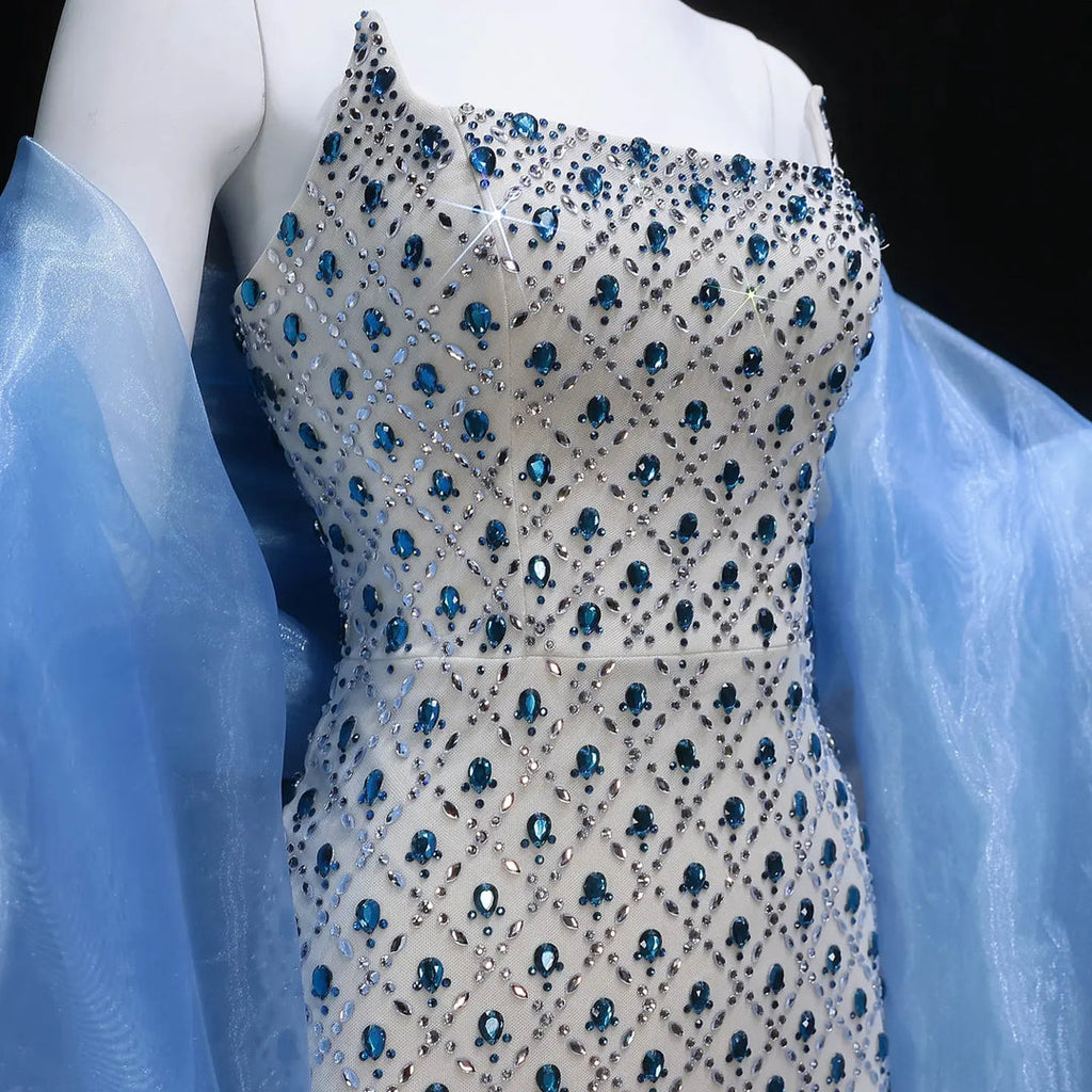 Luxury Crystal-Embellished Column Gown with Sheer Blue Cape and Choker Neckline SB002