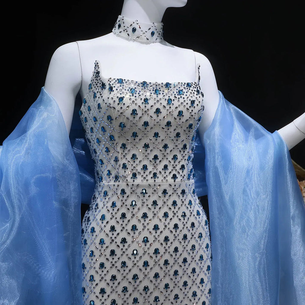 Luxury Crystal-Embellished Column Gown with Sheer Blue Cape and Choker Neckline SB002