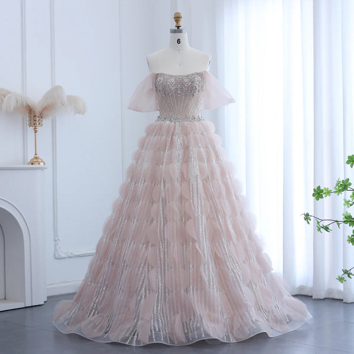 Glamorous Blush Pink Evening Gown with Layered Ruffles SB006