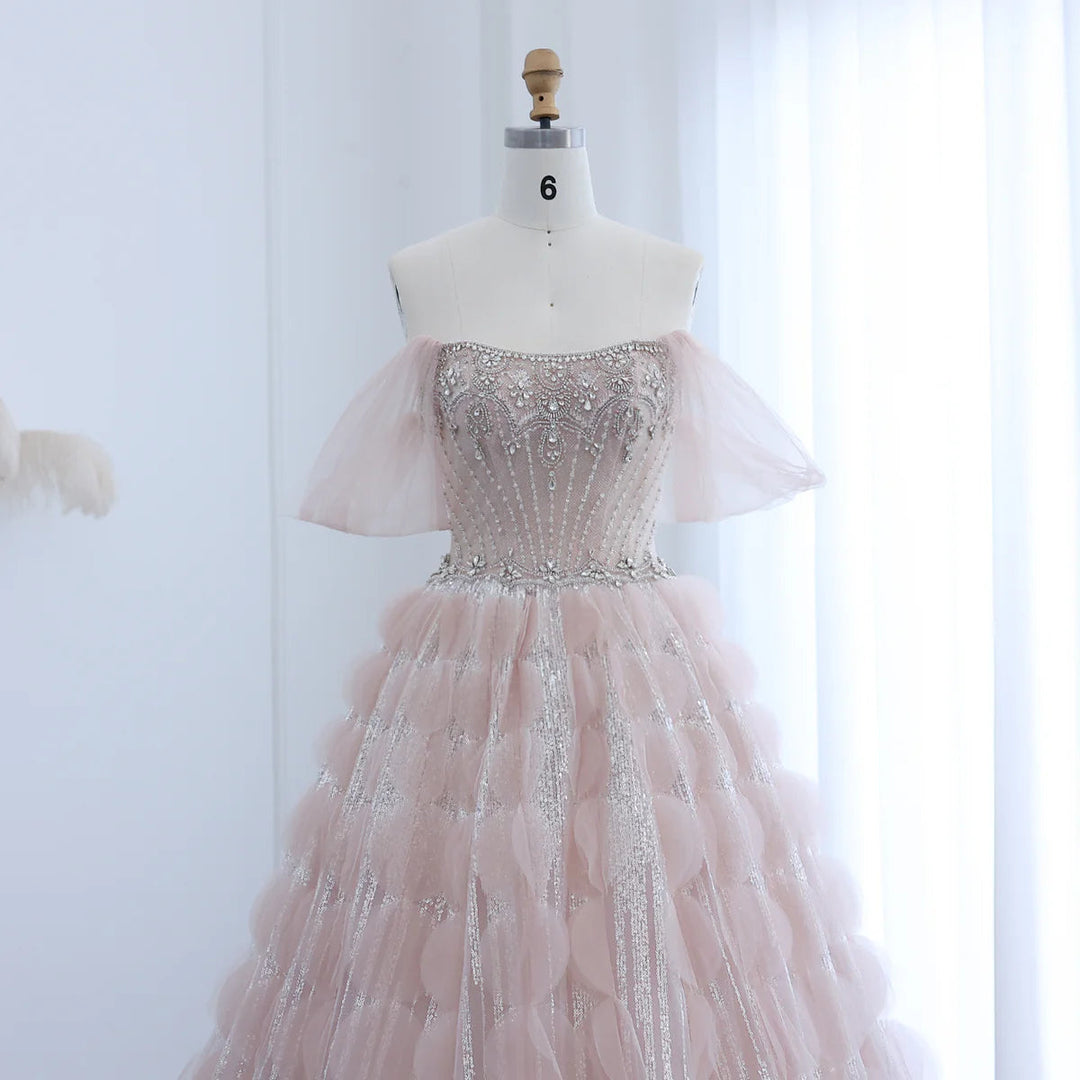Glamorous Blush Pink Evening Gown with Layered Ruffles SB006