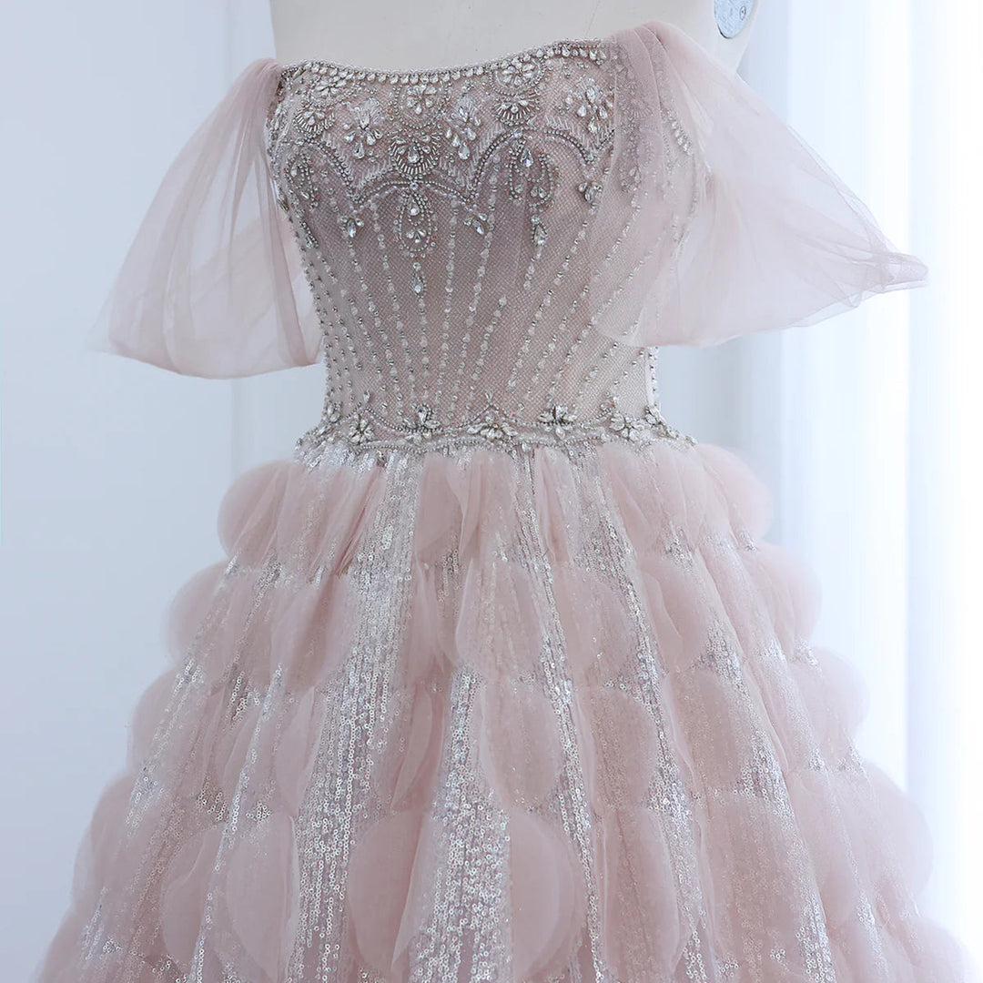 Glamorous Blush Pink Evening Gown with Layered Ruffles SB006