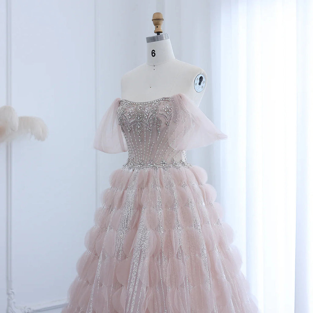 Glamorous Blush Pink Evening Gown with Layered Ruffles SB006