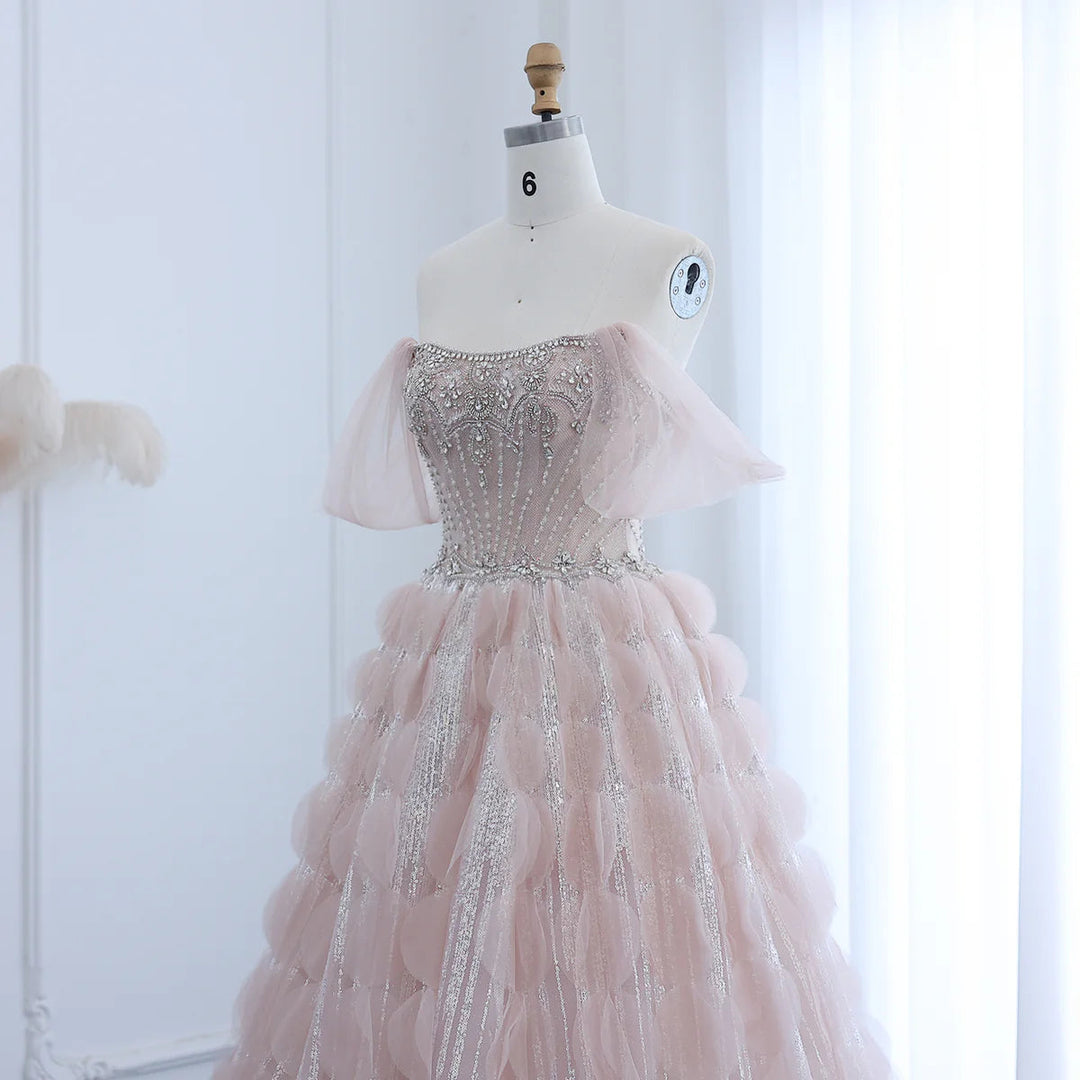 Glamorous Blush Pink Evening Gown with Layered Ruffles SB006